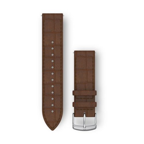 Pas ura Garmin 20 mm temno rjava usnje, italijanski vtis, srebrna zaponka z jezičkom (Quick Release) za uro Vivomove HR