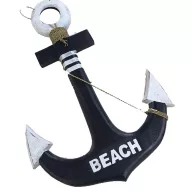 Leseni sidro na plaži z napisom
