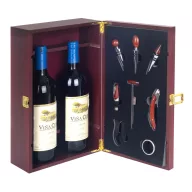 Lesena vinska škatla za 2 stekli z vinskim sommelier setom 