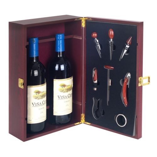 Lesena vinska škatla za 2 stekli z vinskim sommelier setom 